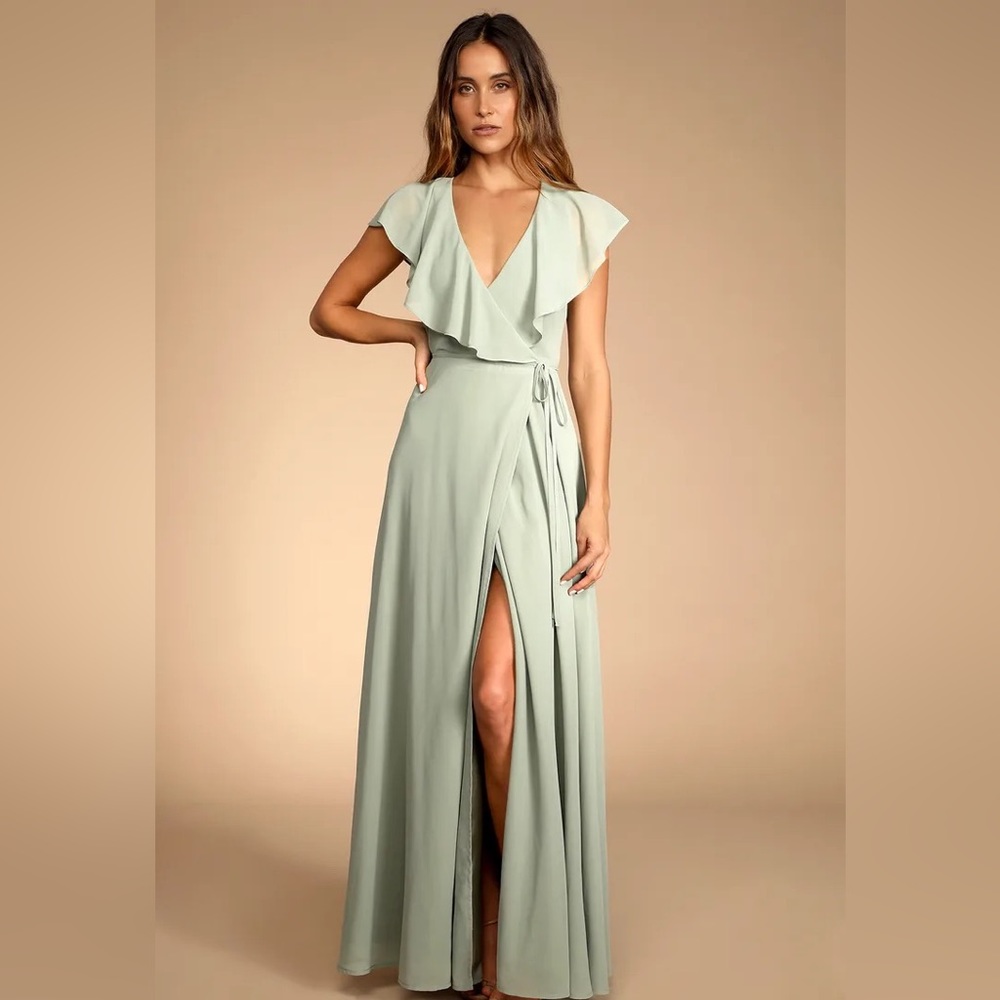 Sage green Lulus Bridesmaids wrap dress